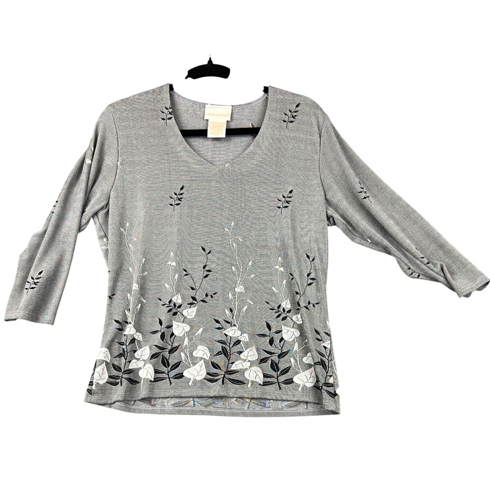 Christie & Jill Top Womens XL Gray V-Neck 3/4 Sleeve Floral Border Print Exc